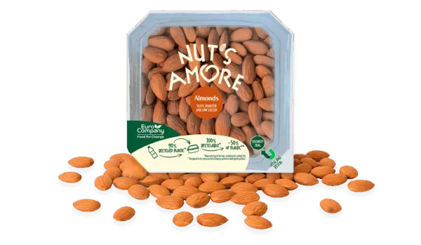 Container of Nut's amore Tasty, Roasted, Low Salted Almonds, with loose almonds.