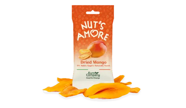 Packaging of Nut's amore Delicious and Dried Mango pieces, with the product displayed below.