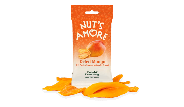 Packaging of Nut's amore Delicious and Dried Mango pieces, with the product displayed below.