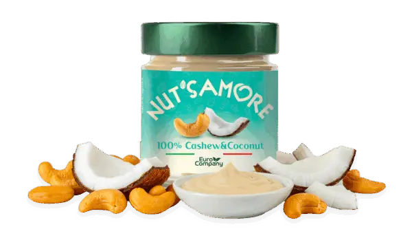 Jar of Nut's amore 100% Cashew & Coconut spread, with scattered ingredients.
